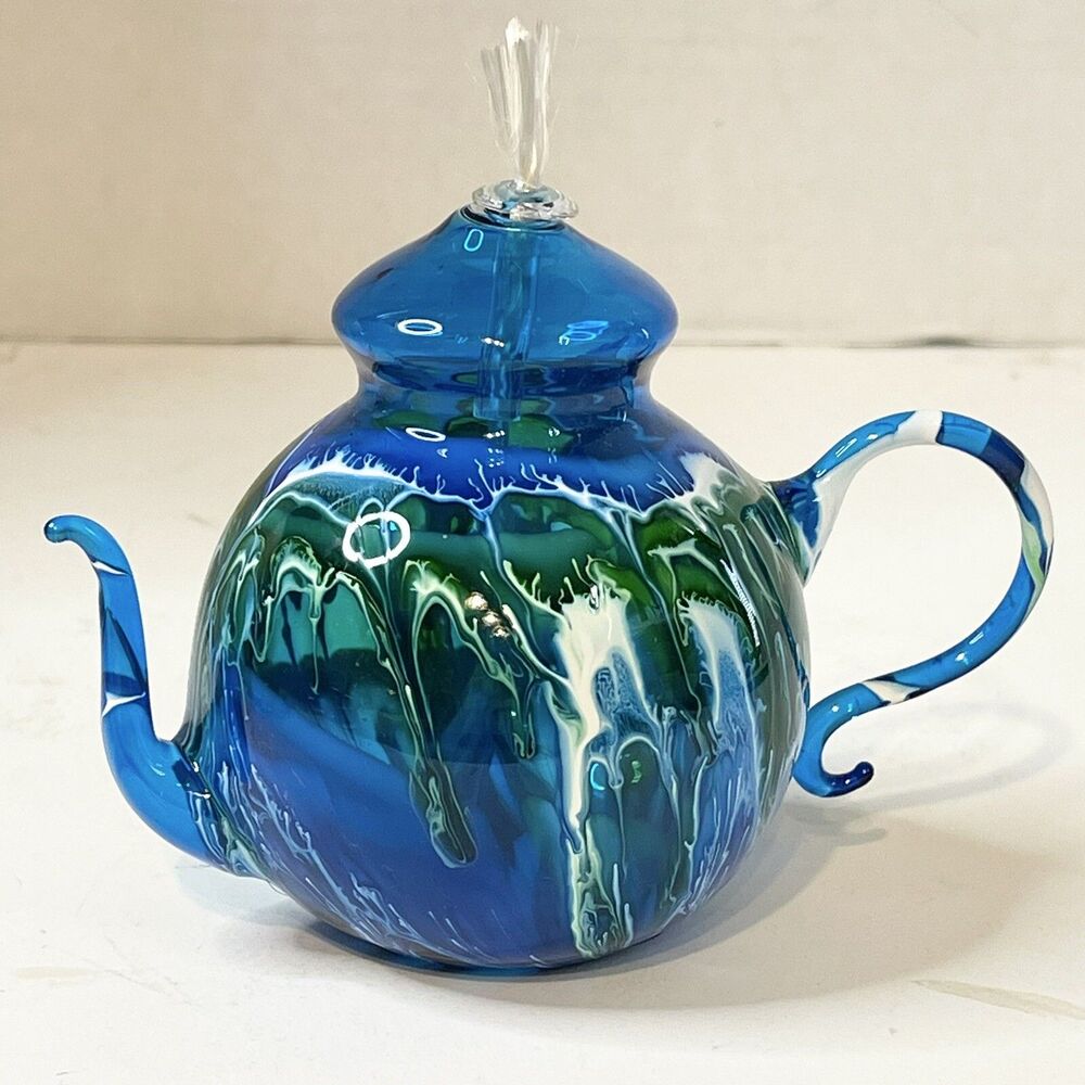Flame & Glow Teapot Oil Burner Mini Teal & Green Blown Glass w/Wick 4” X 5”